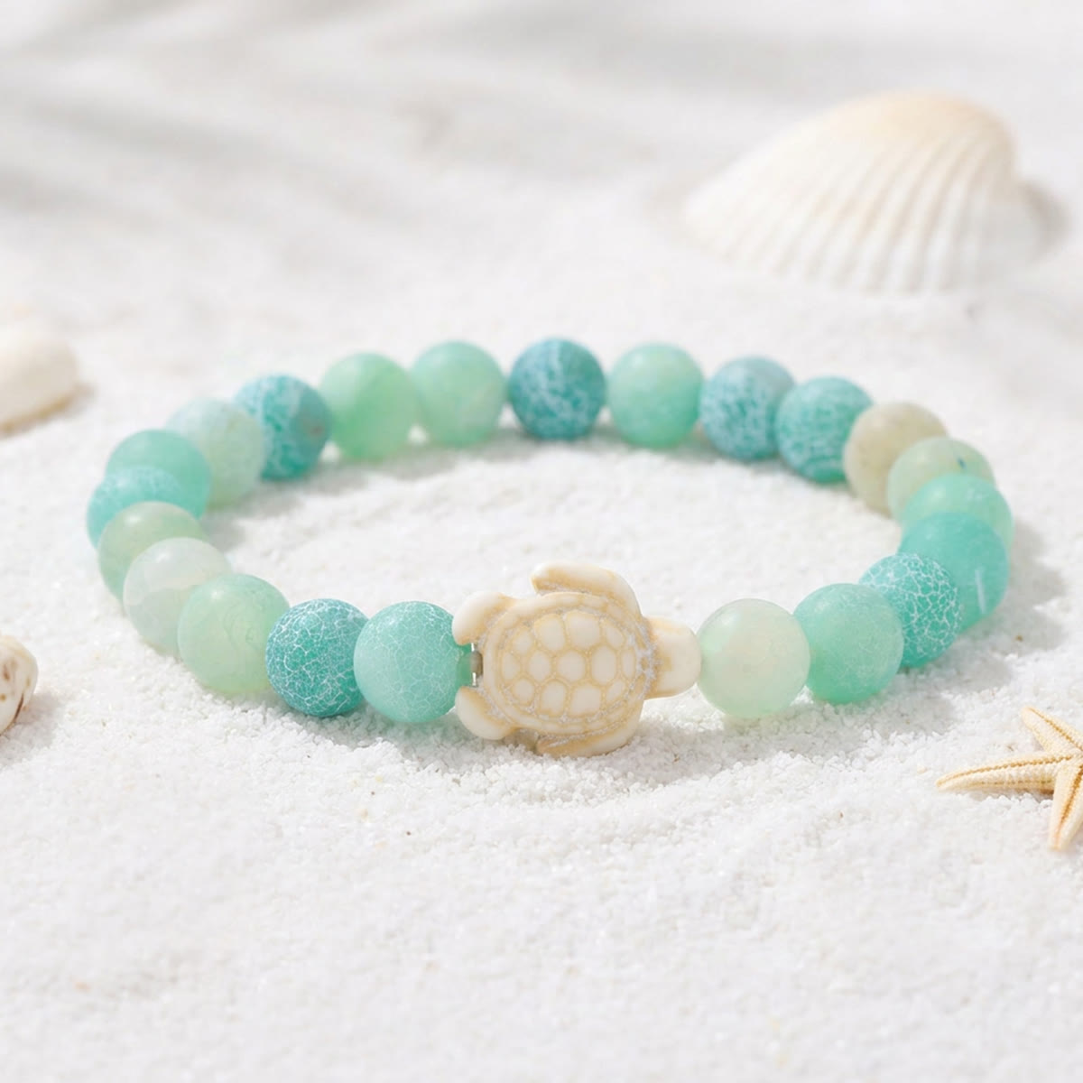 FREE Today: Ocean Agate Sea Turtle Beaded Stretch Bracelet - Recycled Sea Glass Beads Supporting Ocean Cleanup - Green Weathered Agate - 7.48"/19cm - image 10