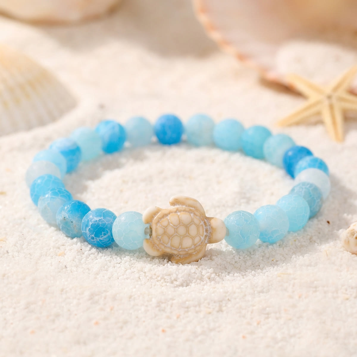 Ocean Agate Sea Turtle Beaded Stretch Bracelet - Recycled Sea Glass Beads Supporting Ocean Cleanup - Blue Weathered Agate - 7.48"/19cm - image 7