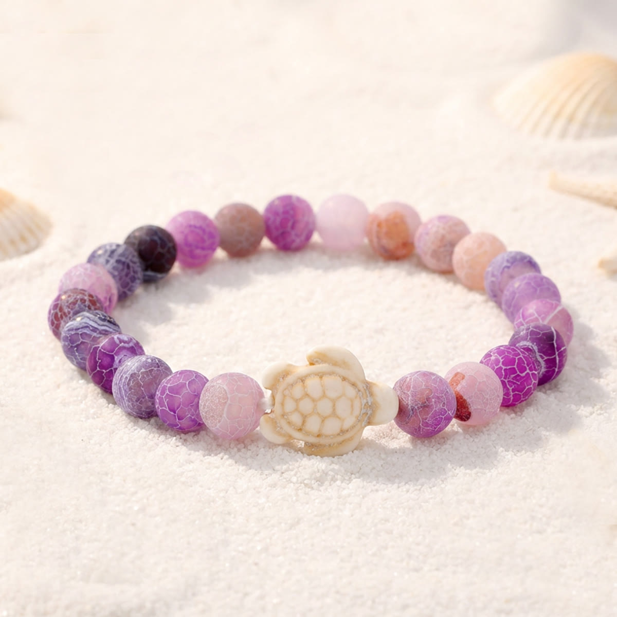 Ocean Agate Sea Turtle Beaded Stretch Bracelet - Recycled Sea Glass Beads Supporting Ocean Cleanup - Purple Weathered Agate - 7.48"/19cm - image 0