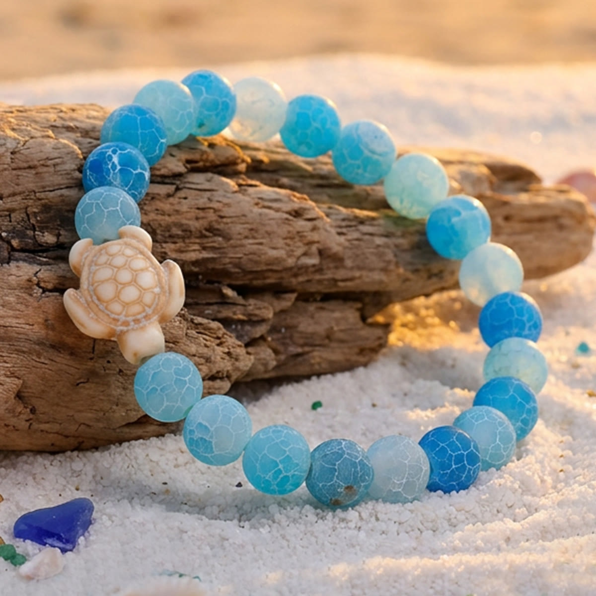 Ocean Agate Sea Turtle Beaded Stretch Bracelet - Recycled Sea Glass Beads Supporting Ocean Cleanup - image 8