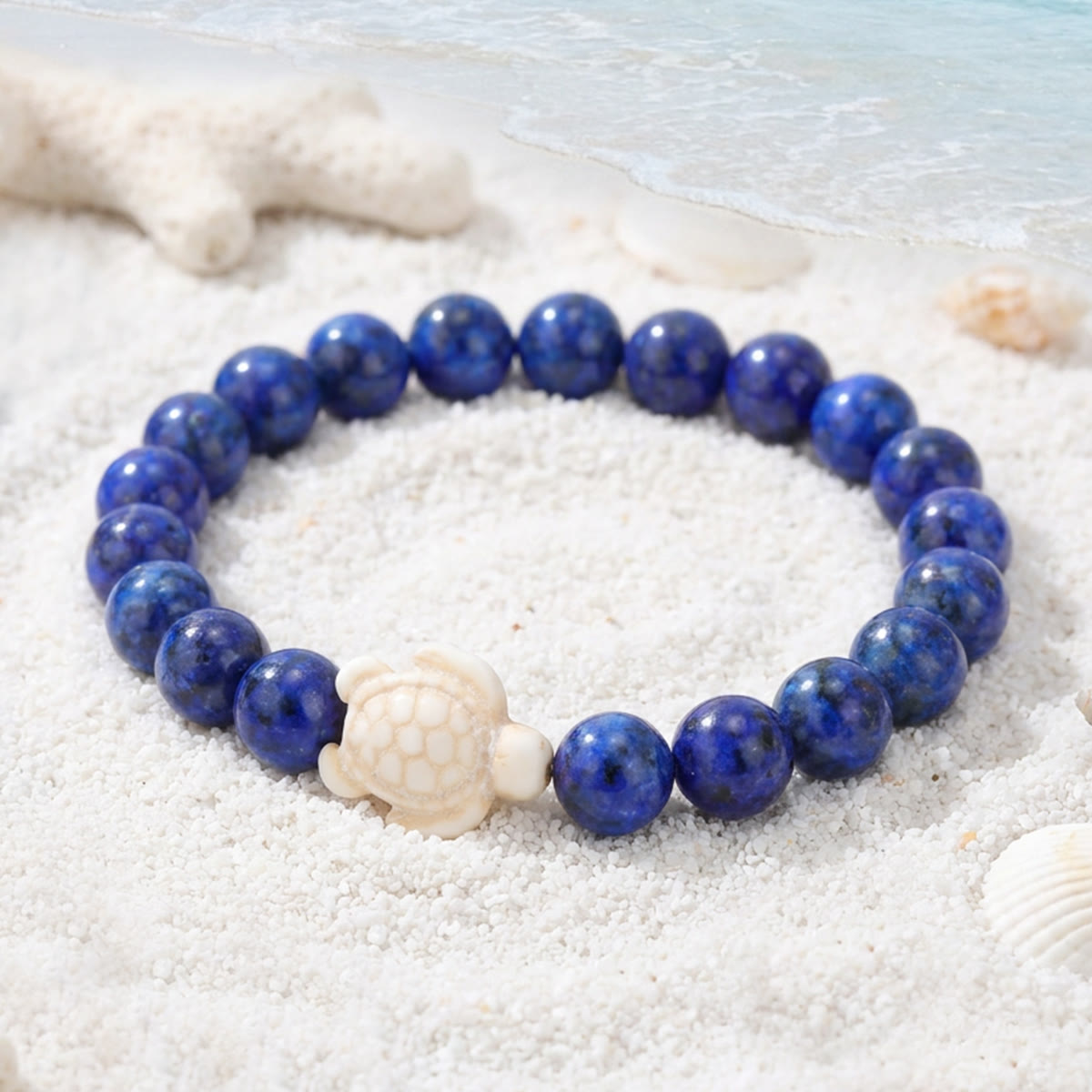 Ocean Agate Sea Turtle Beaded Stretch Bracelet - Recycled Sea Glass Beads Supporting Ocean Cleanup - Lapis Lazuli - 7.48"/19cm - image 18