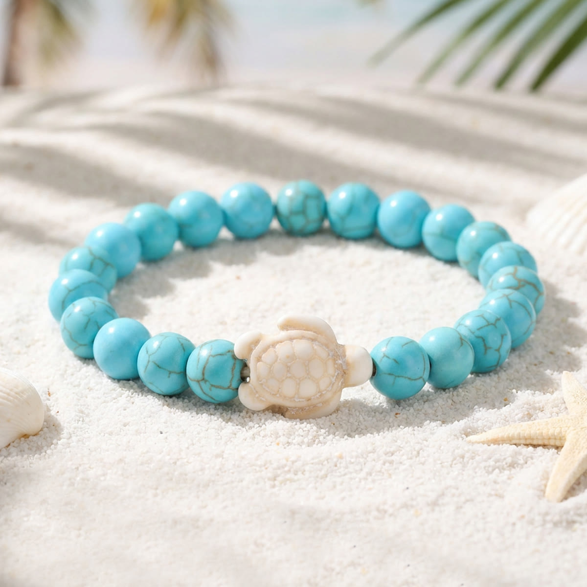 Ocean Agate Sea Turtle Beaded Stretch Bracelet - Recycled Sea Glass Beads Supporting Ocean Cleanup - Blue Turquoise - 7.48"/19cm - image 4