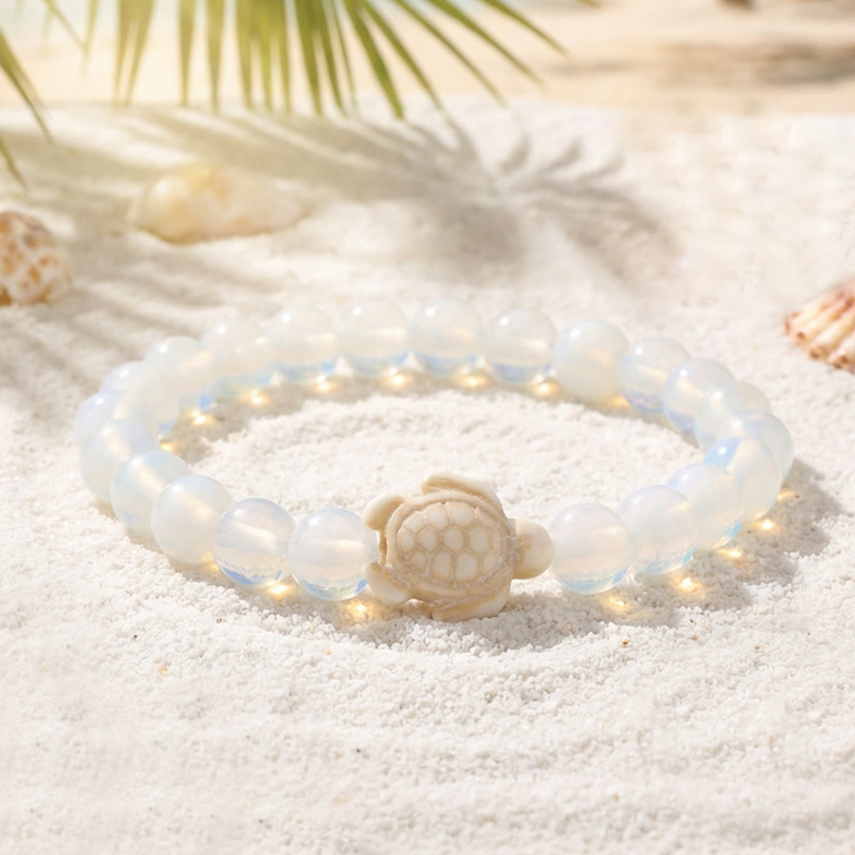 Ocean Agate Sea Turtle Beaded Stretch Bracelet - Recycled Sea Glass Beads Supporting Ocean Cleanup - White Agate - 7.48"/19cm - image 24