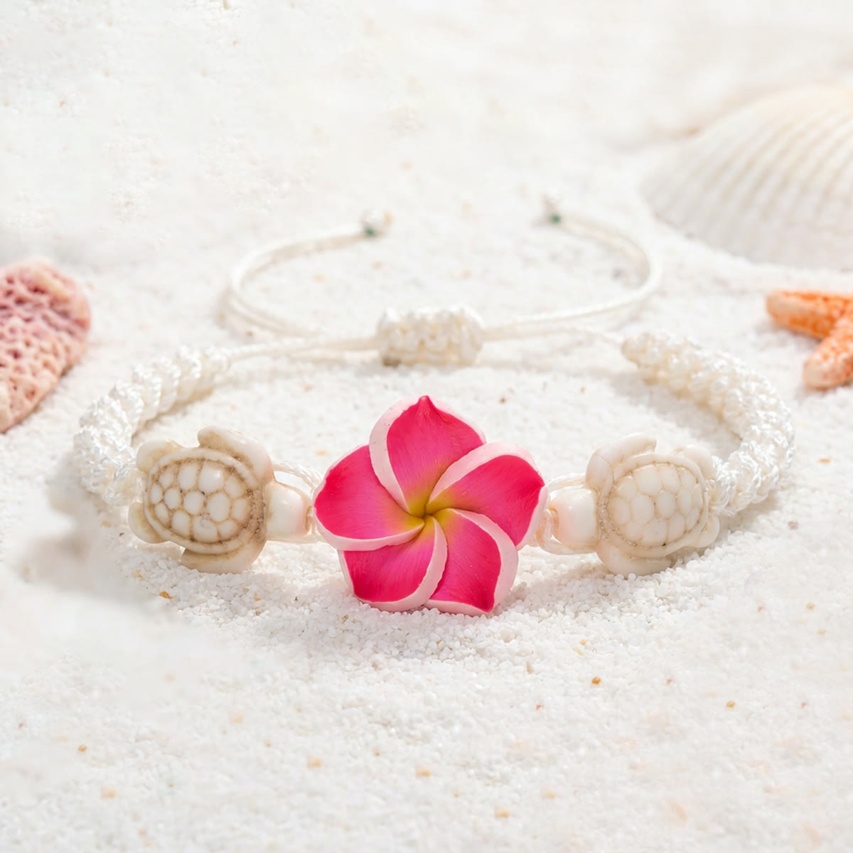 Hand-Woven Plumeria & Sea Turtle Rope Bracelet- Recycled Ocean Jewelry That Restores Marine Habitats - Pink - 6.3"-13.4"/16-34cm - image 7