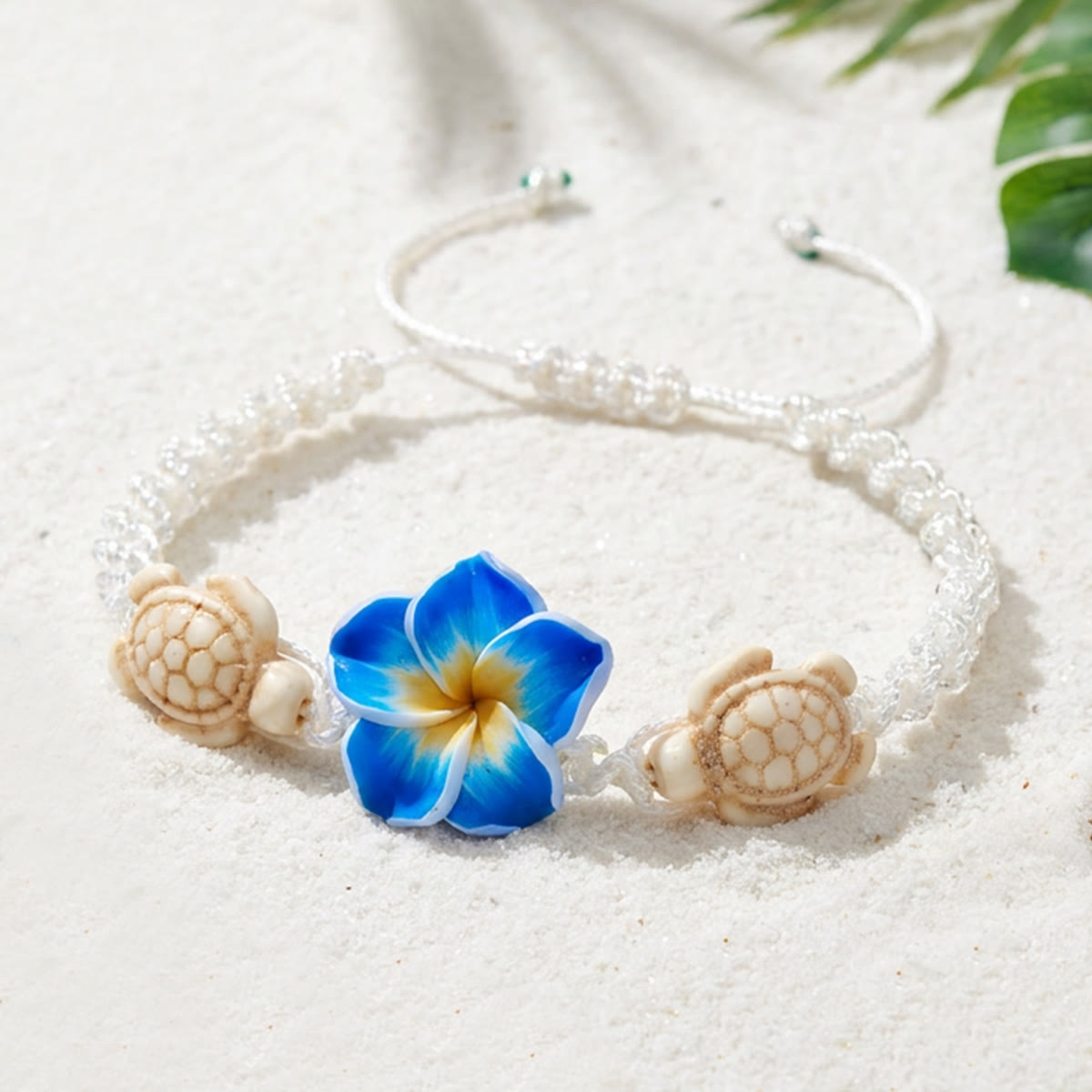 Hand-Woven Plumeria & Sea Turtle Rope Bracelet- Recycled Ocean Jewelry That Restores Marine Habitats - Blue - 6.3"-13.4"/16-34cm - image 0