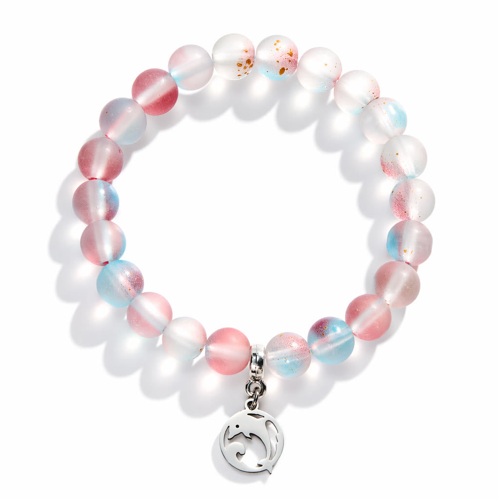 Save the Dolphins Recycled Glass Bracelet – Dolphin Pendant With 8mm Frosted Gold-Speckled Glass Beads - image 7