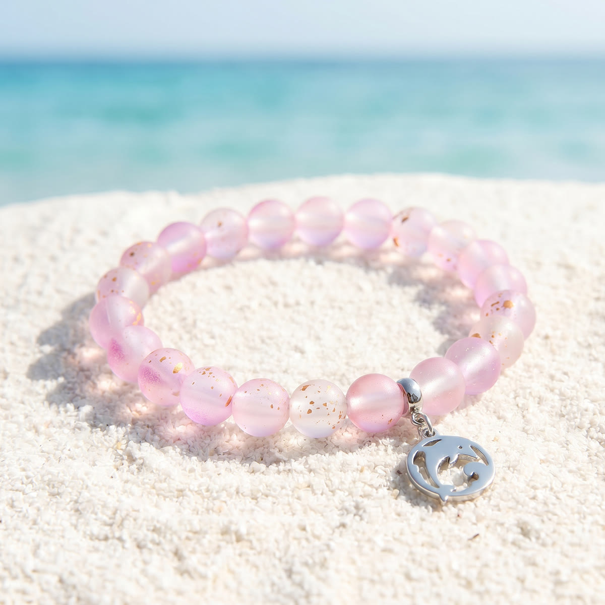 Save the Dolphins Recycled Glass Bracelet – Dolphin Pendant With 8mm Frosted Gold-Speckled Glass Beads - Light Purple - Approx. 6.93"/17.6cm - image 14
