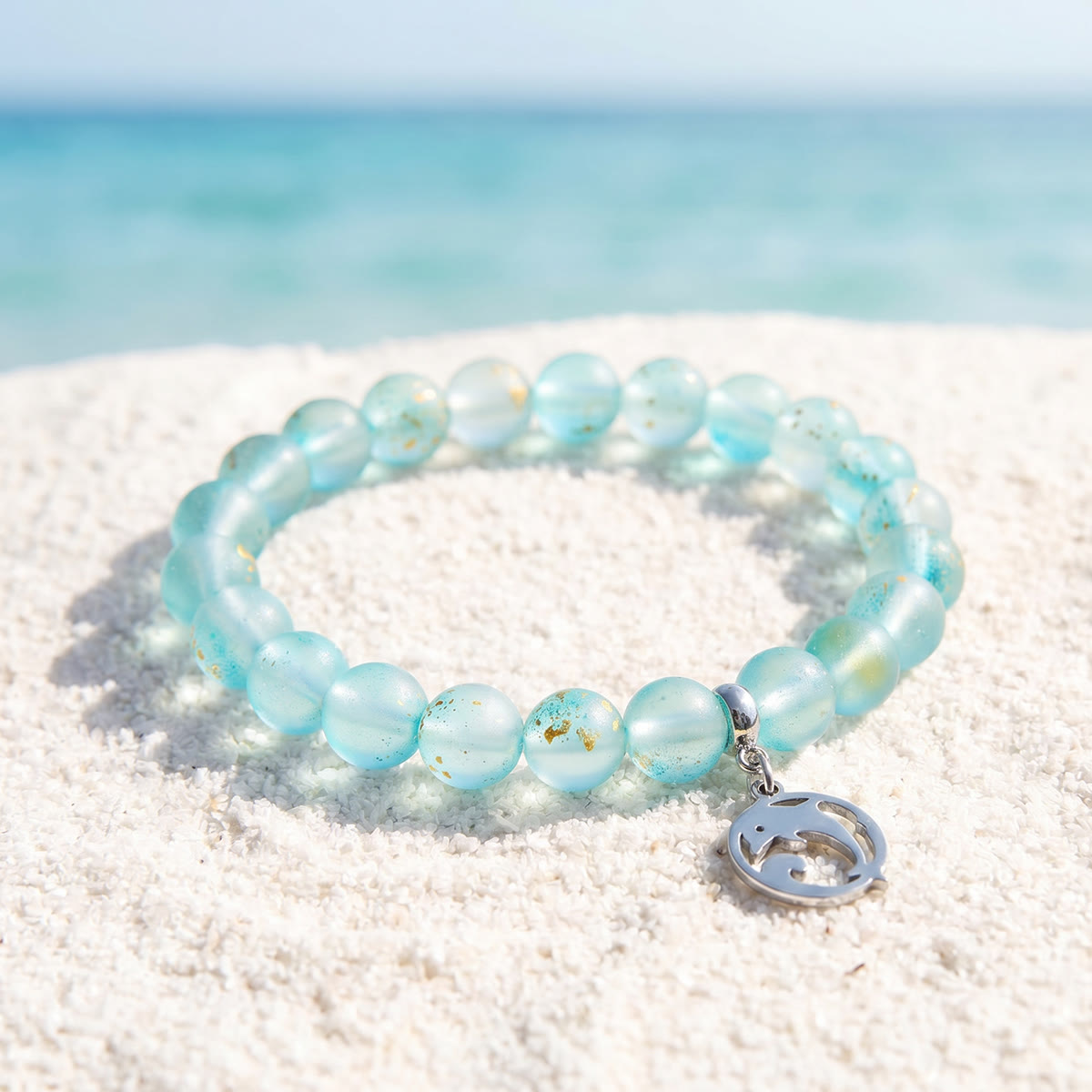 Save the Dolphins Recycled Glass Bracelet – Dolphin Pendant With 8mm Frosted Gold-Speckled Glass Beads - Blue - Approx. 6.93"/17.6cm - image 12