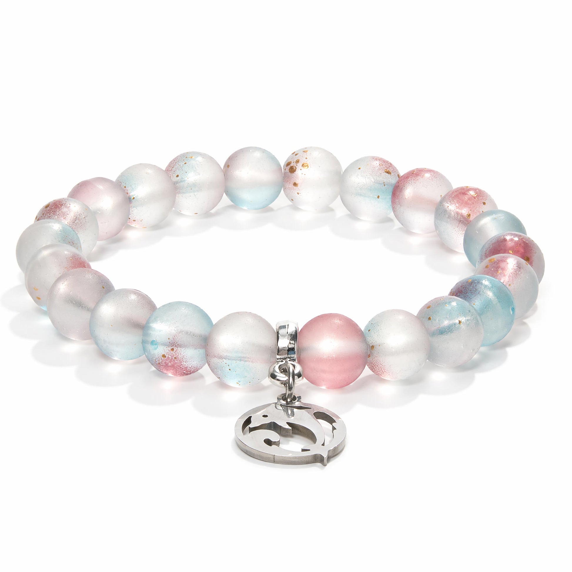 Save the Dolphins Recycled Glass Bracelet – Dolphin Pendant With 8mm Frosted Gold-Speckled Glass Beads - image 0