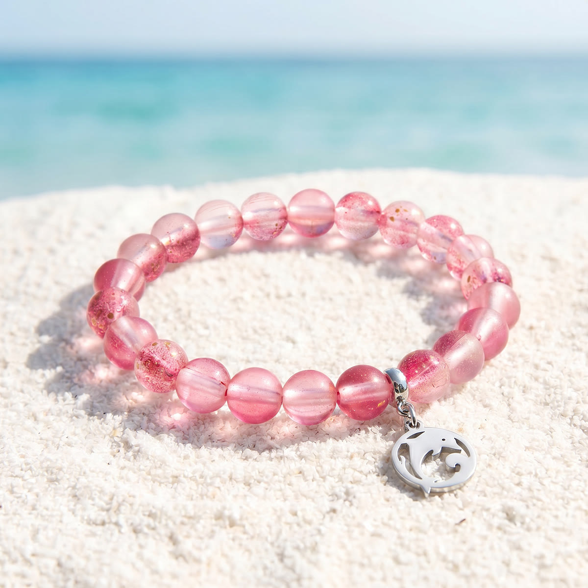 Save the Dolphins Recycled Glass Bracelet – Dolphin Pendant With 8mm Frosted Gold-Speckled Glass Beads - Red - Approx. 6.93"/17.6cm - image 10