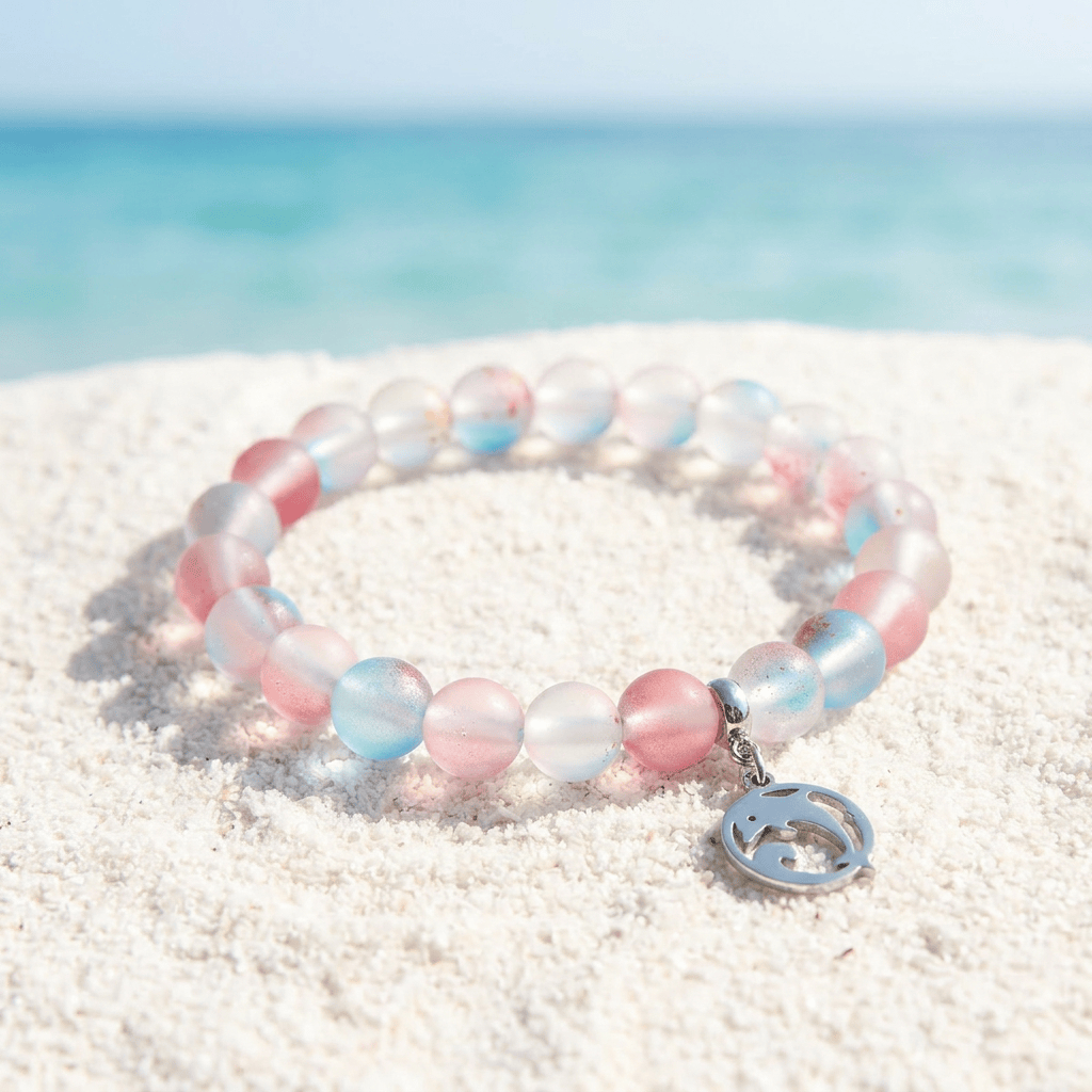 Save the Dolphins Recycled Glass Bracelet – Dolphin Pendant With 8mm Frosted Gold-Speckled Glass Beads - Red Blue - Approx. 6.93"/17.6cm - image 2