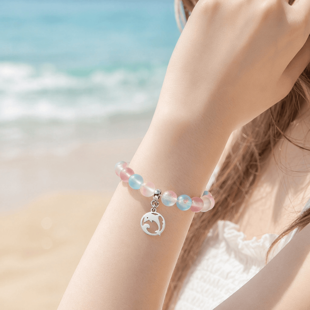 Save the Dolphins Recycled Glass Bracelet – Dolphin Pendant With 8mm Frosted Gold-Speckled Glass Beads - image 1