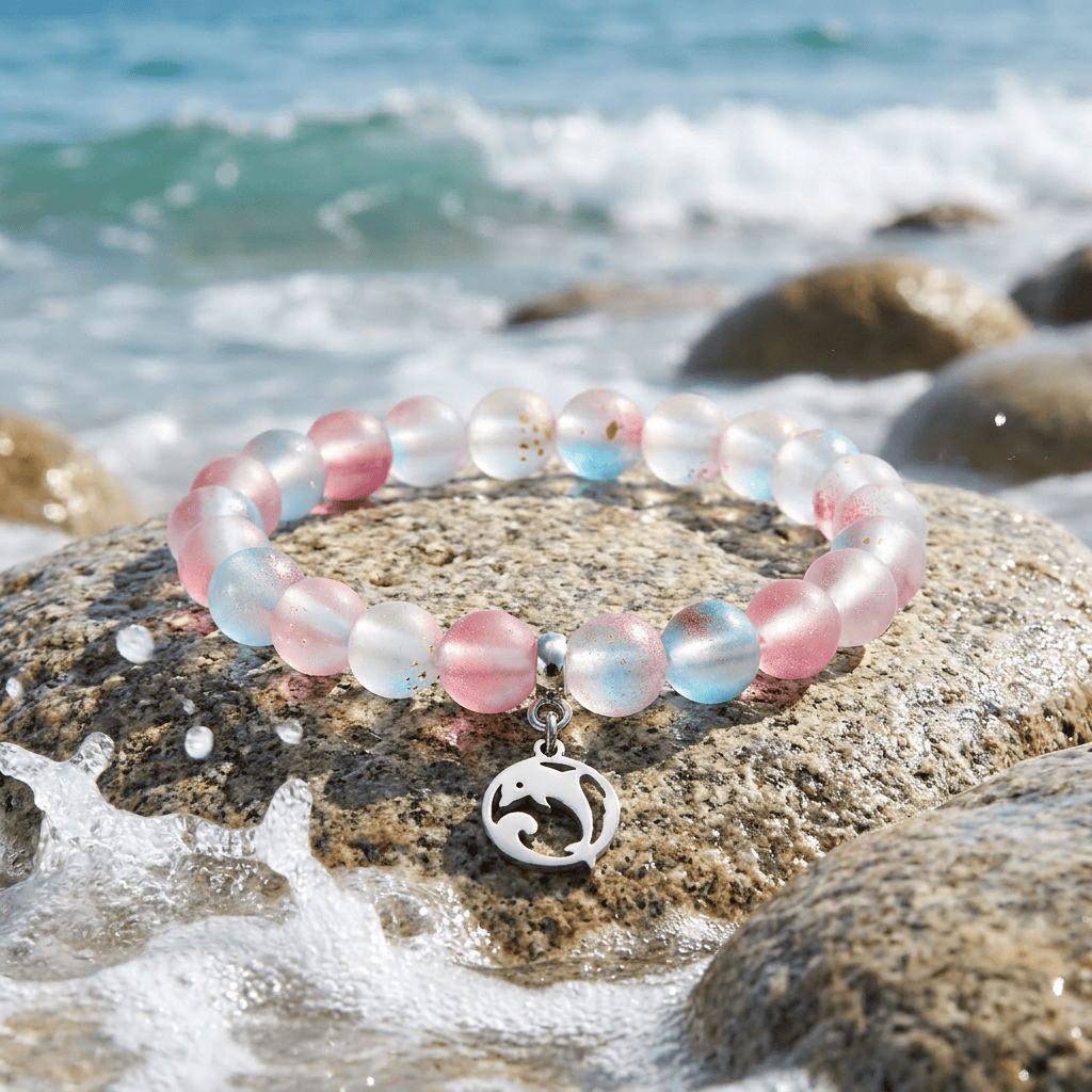 Save the Dolphins Recycled Glass Bracelet – Dolphin Pendant With 8mm Frosted Gold-Speckled Glass Beads - image 5