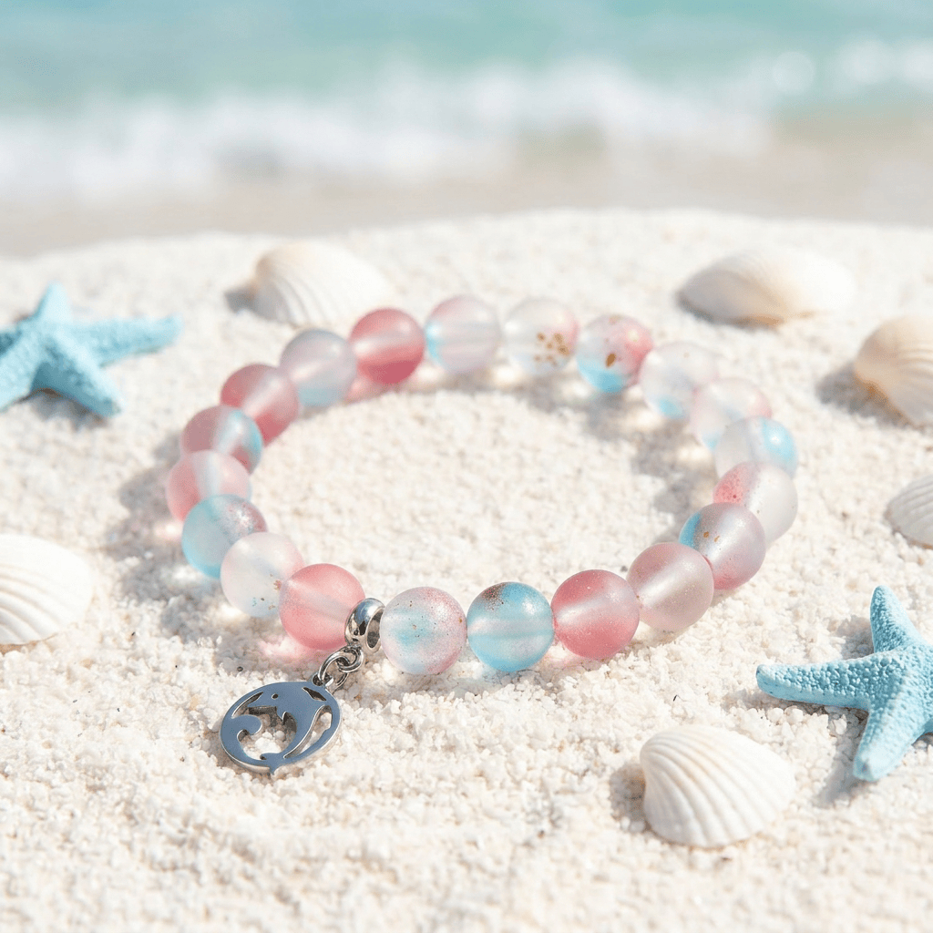 Save the Dolphins Recycled Glass Bracelet – Dolphin Pendant With 8mm Frosted Gold-Speckled Glass Beads - image 6