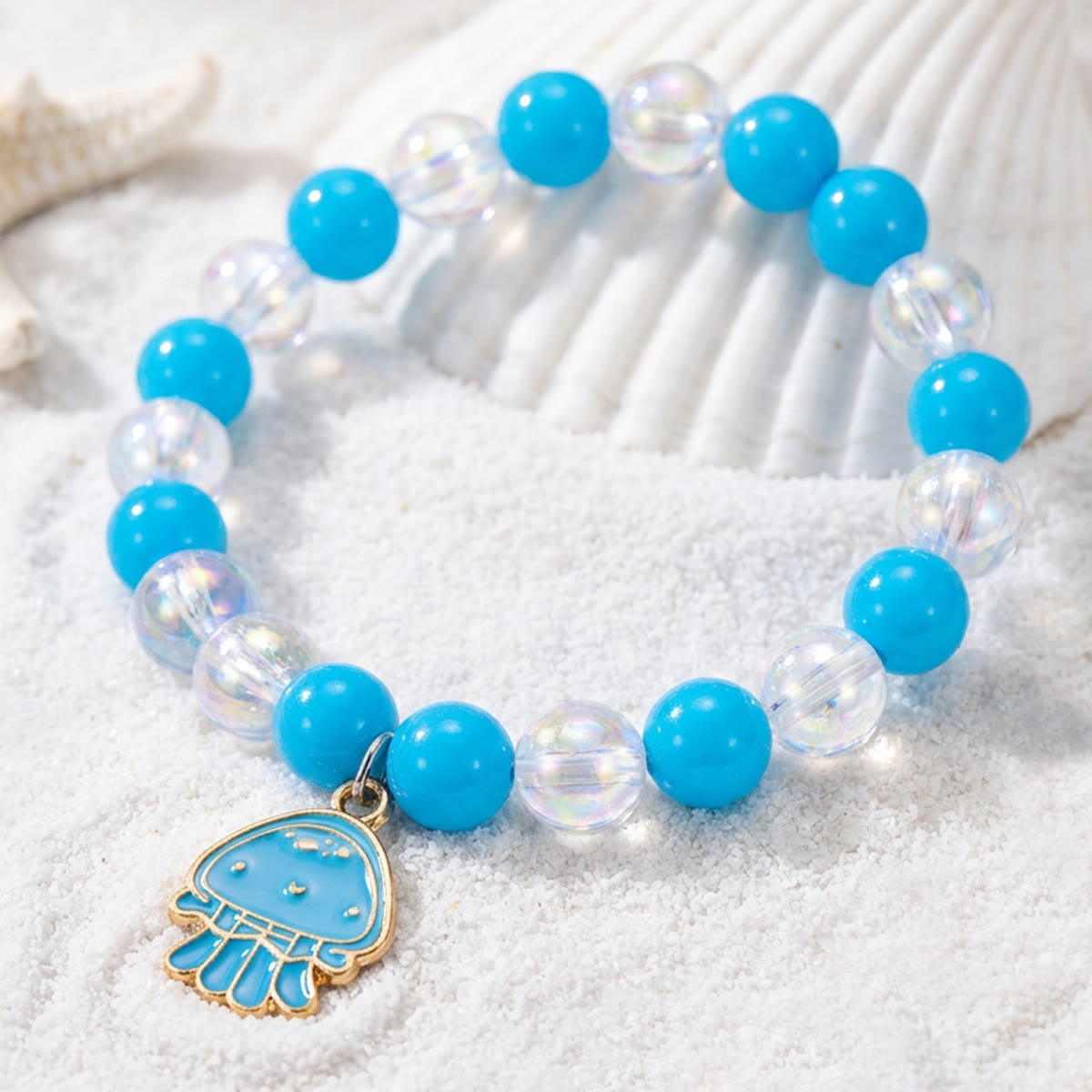 Cute Enamel Ocean Charm Stretch Bracelet - Blue Jellyfish - image 0