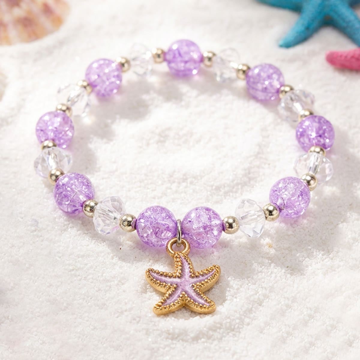 Cute Enamel Ocean Charm Stretch Bracelet - Purple Starfish - image 4