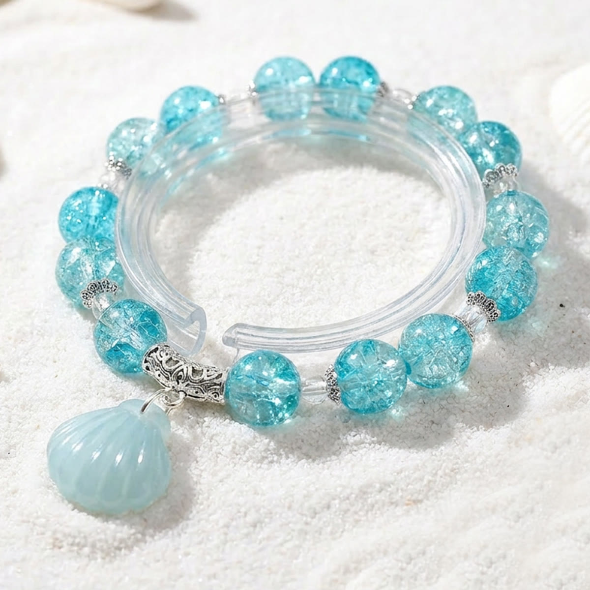 Nautical Charm Coloured Glaze Beaded Stretch Bracelet - Blue Shell - image 0