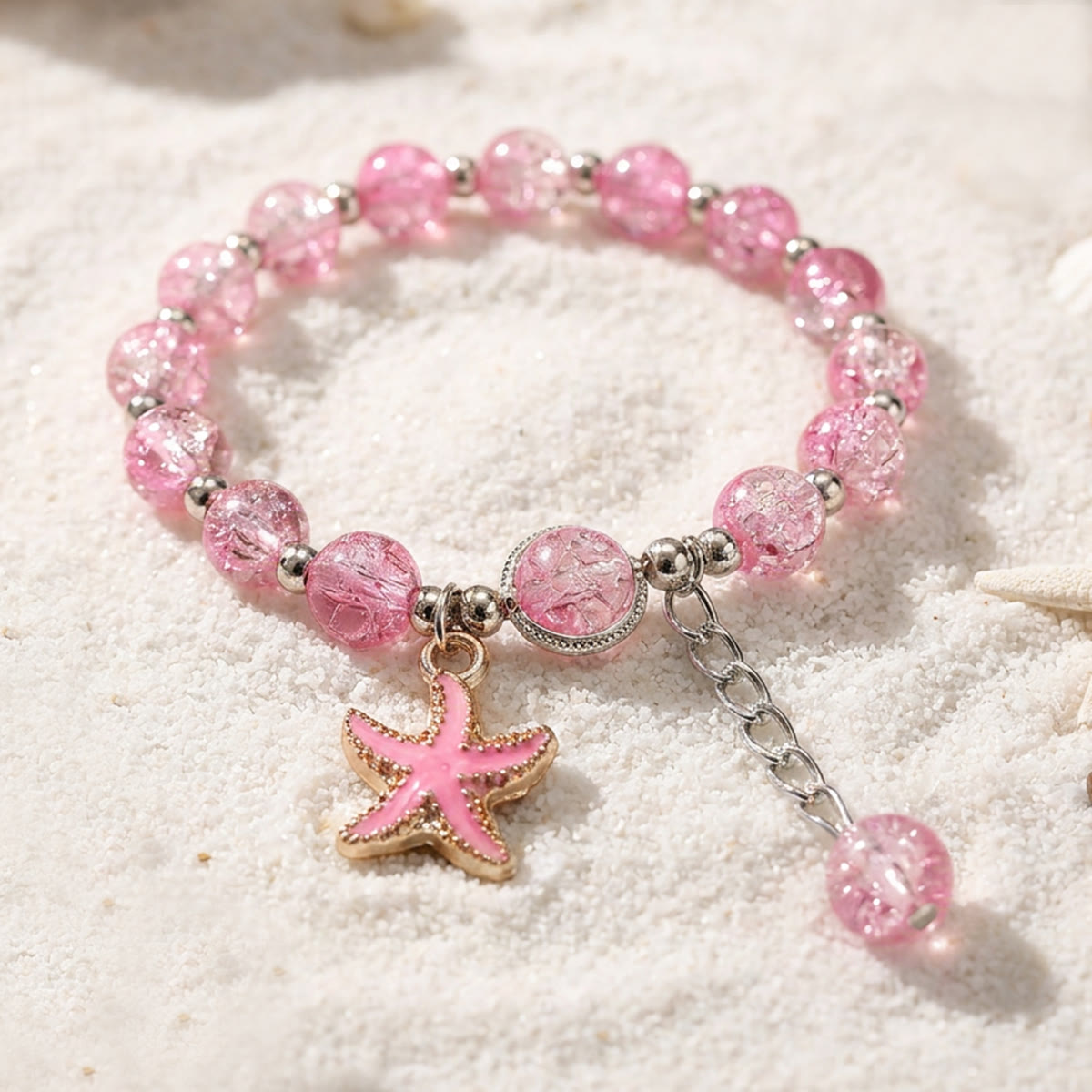 Nautical Charm Coloured Glaze Beaded Stretch Bracelet - Pink Starfish - image 7