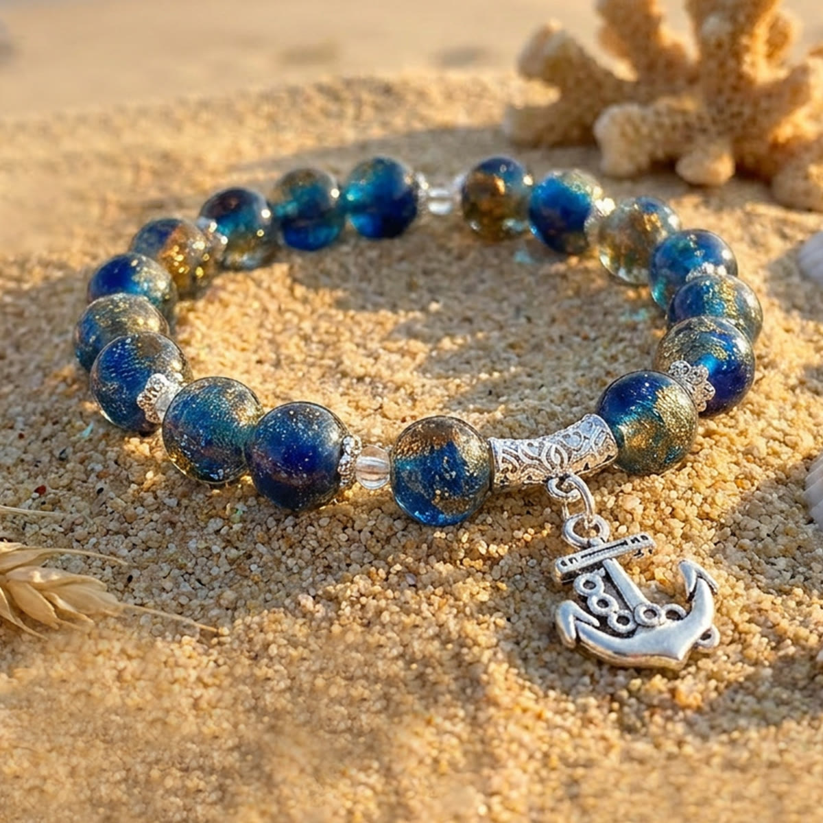 Nautical Charm Coloured Glaze Beaded Stretch Bracelet - Dark Blue Anchor - image 4