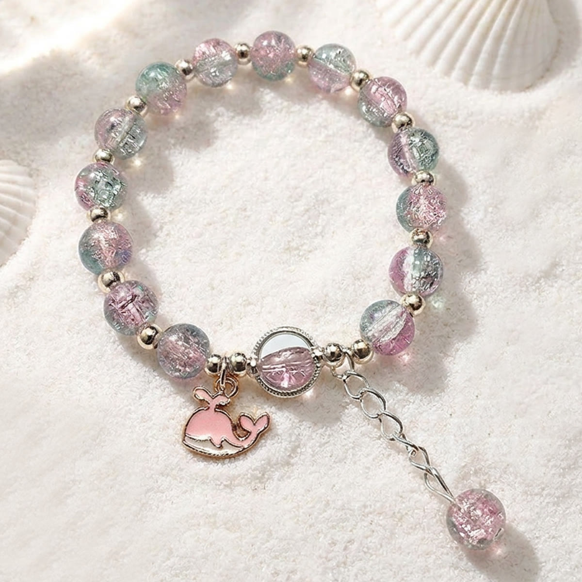 Nautical Charm Coloured Glaze Beaded Stretch Bracelet - Pink Whale - image 11