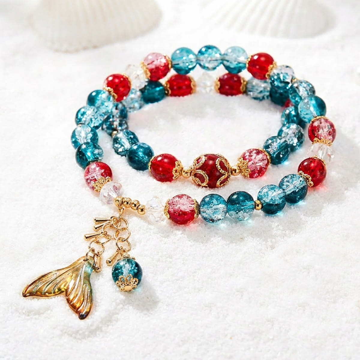 Teal & Red Whale Tail Charm Double Layer Glass Bead Bracelet - Recycled Sea Glass That Cleans Our Shores - Teal & Red - 4.72"/12cm - image 0