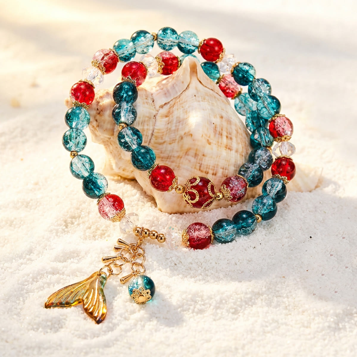Teal & Red Whale Tail Charm Double Layer Glass Bead Bracelet - Recycled Sea Glass That Cleans Our Shores - image 1