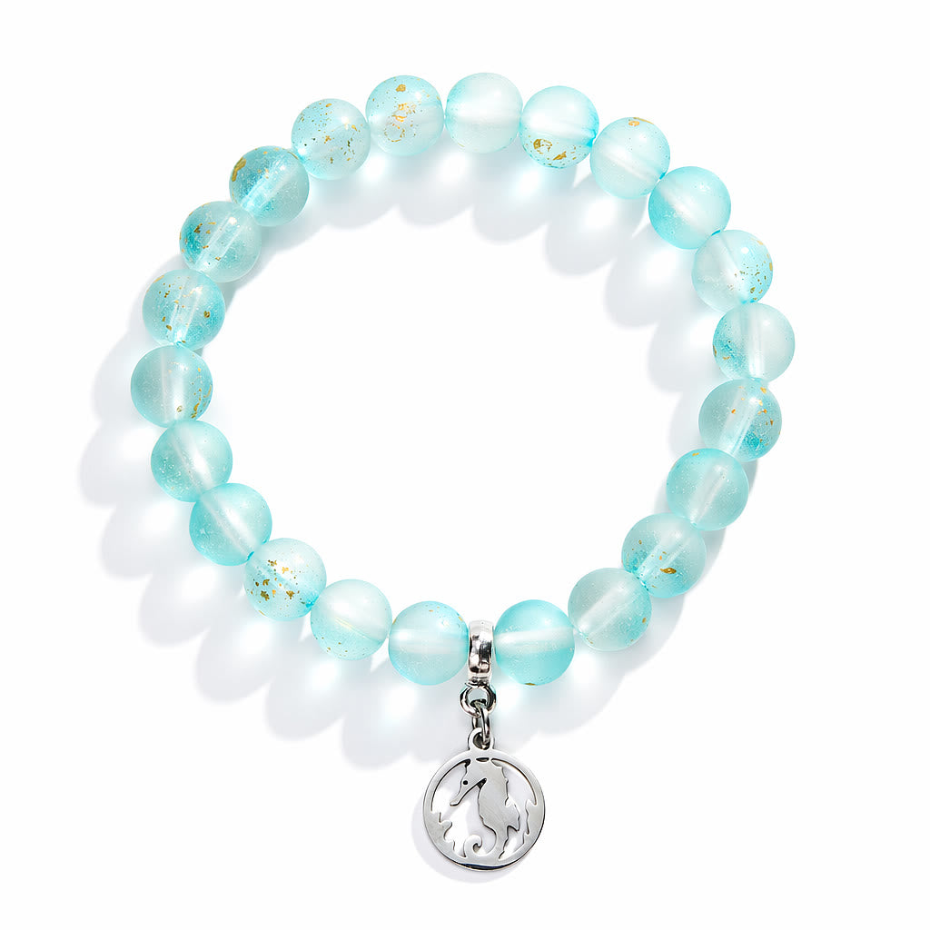 Save Marine Animals Seahorse Pendant Bracelet – Recycled 8mm Frosted Gold-Speckled Glass Beads - image 12
