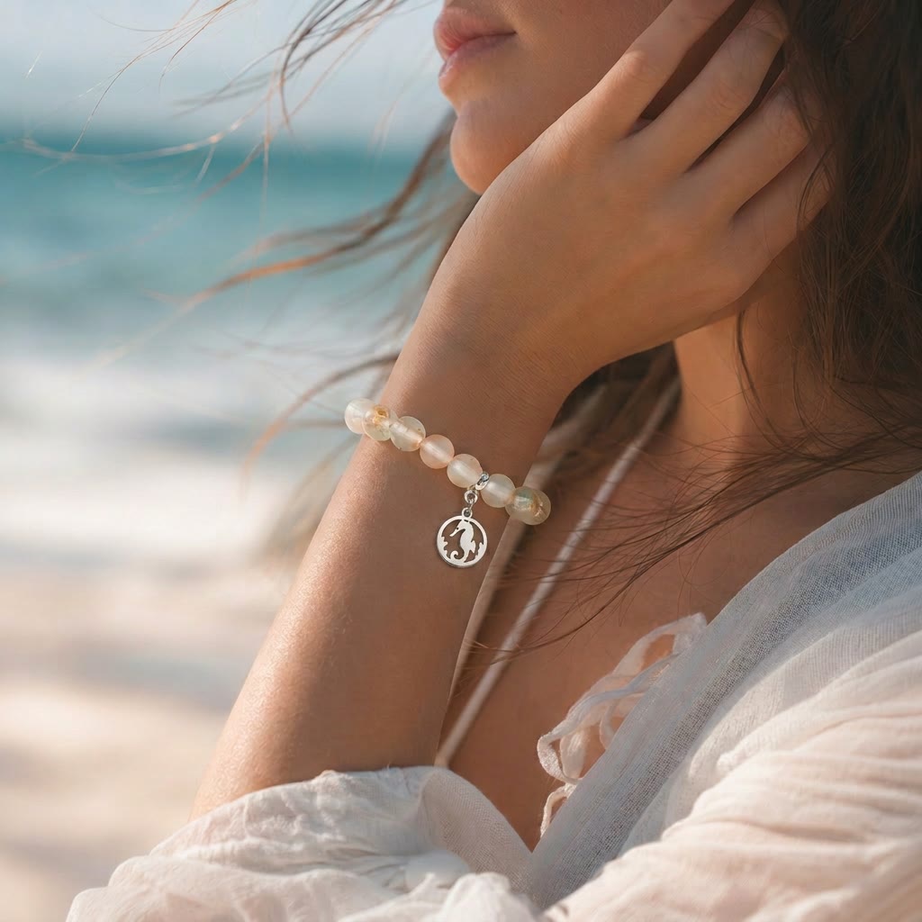 Save Marine Animals Seahorse Pendant Bracelet – Recycled 8mm Frosted Gold-Speckled Glass Beads - image 1