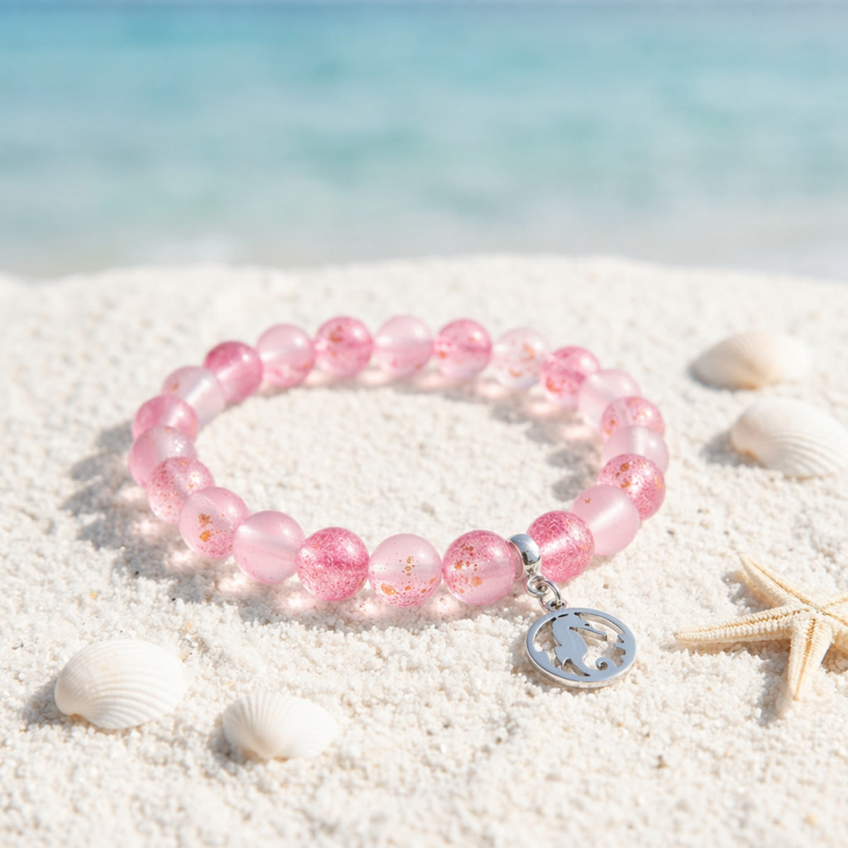 Save Marine Animals Seahorse Pendant Bracelet – Recycled 8mm Frosted Gold-Speckled Glass Beads - Red - Approx. 6.93"/17.6cm - image 9