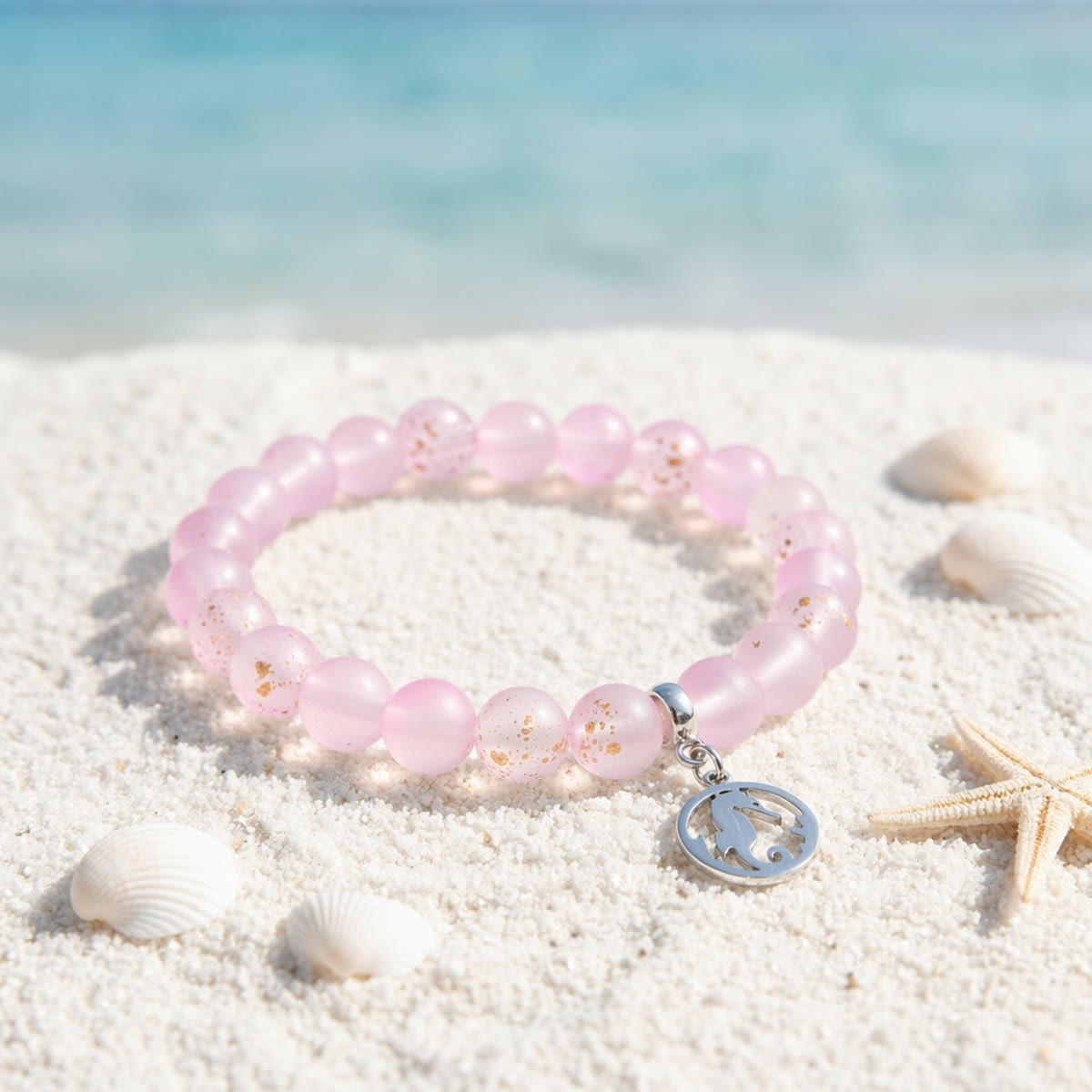 Save Marine Animals Seahorse Pendant Bracelet – Recycled 8mm Frosted Gold-Speckled Glass Beads - Light Purple - Approx. 6.93"/17.6cm - image 13