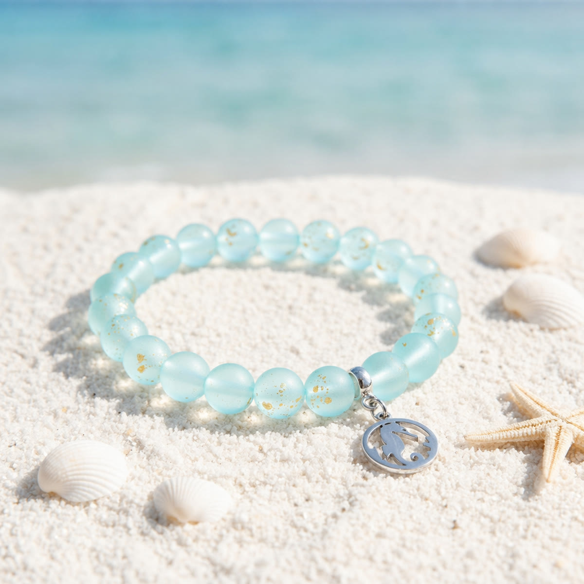 Save Marine Animals Seahorse Pendant Bracelet – Recycled 8mm Frosted Gold-Speckled Glass Beads - Blue - Approx. 6.93"/17.6cm - image 11