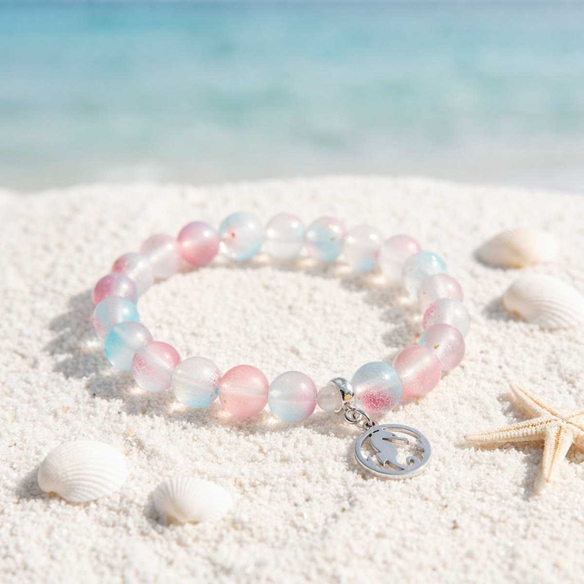 Save Marine Animals Seahorse Pendant Bracelet – Recycled 8mm Frosted Gold-Speckled Glass Beads - Red Blue - Approx. 6.93"/17.6cm - image 7