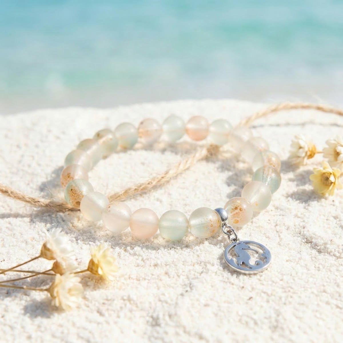 Save Marine Animals Seahorse Pendant Bracelet – Recycled 8mm Frosted Gold-Speckled Glass Beads - Orange Blue - Approx. 6.93"/17.6cm - image 2