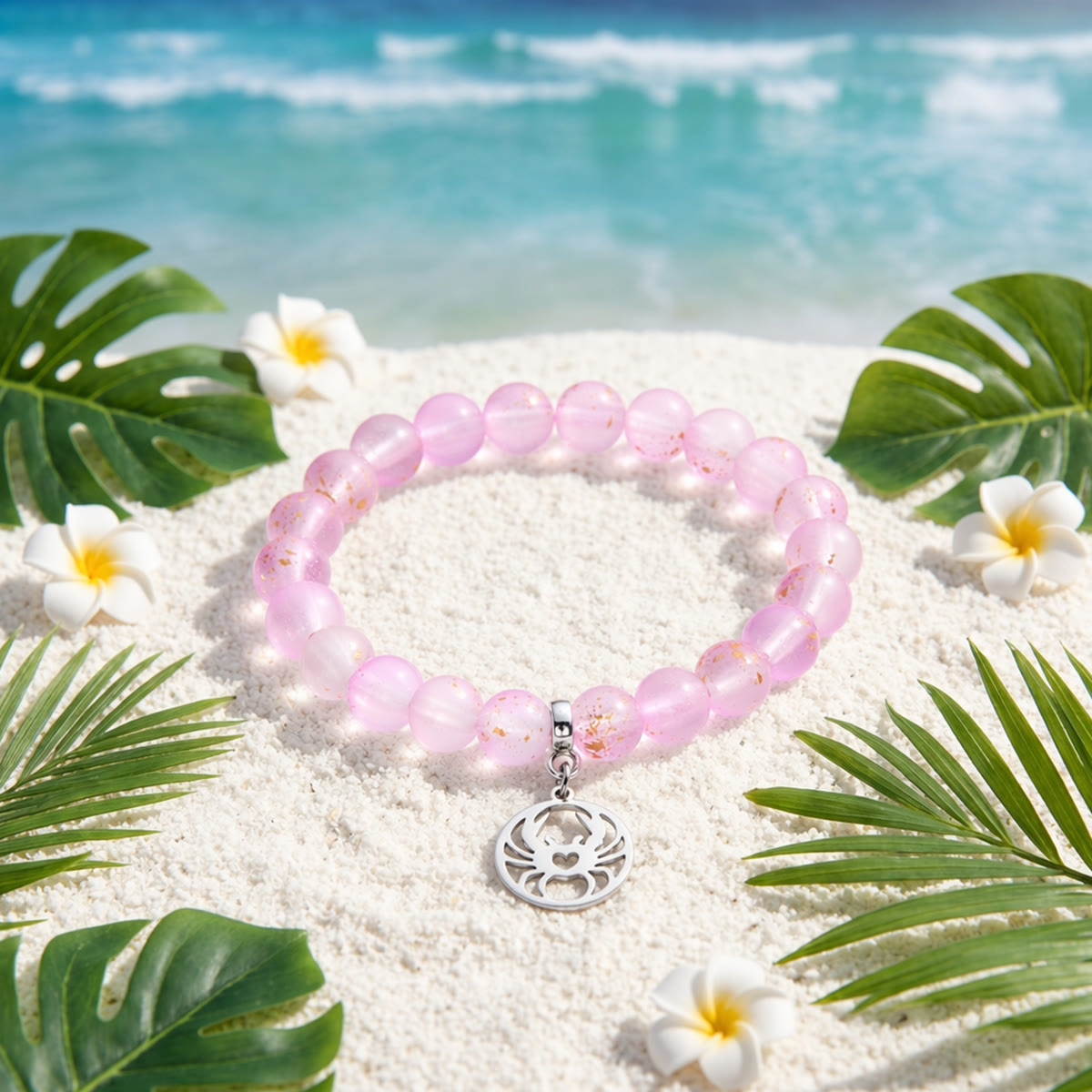 Crab Ocean Protector Reborn Bracelet – Recycled 8mm Frosted Gold-Speckled Glass Beads - Light Purple - Approx. 6.93"/17.6cm - image 14