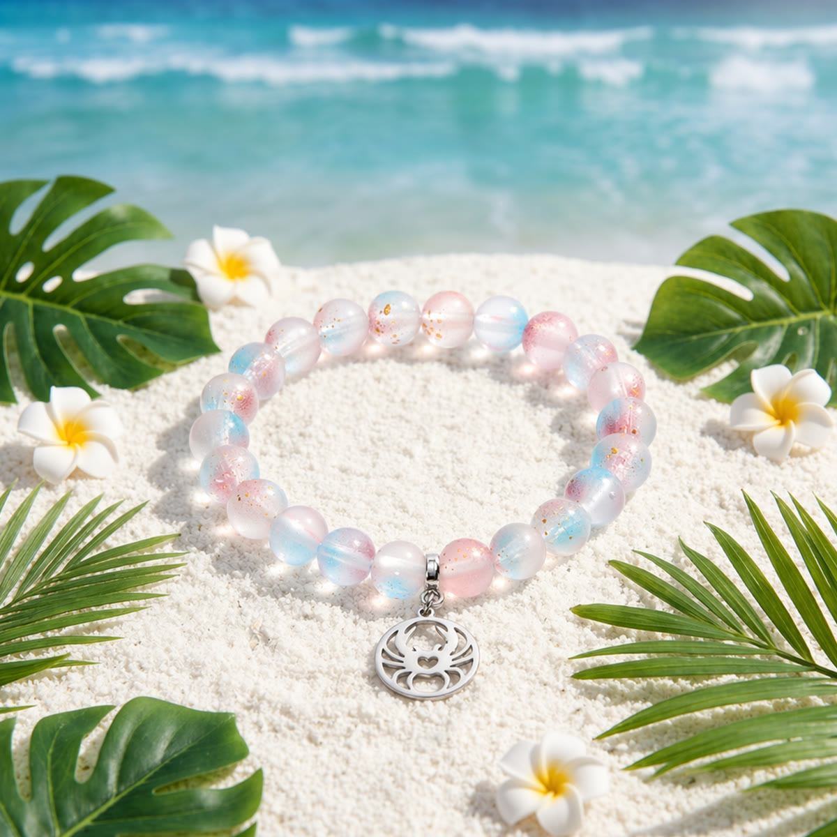 Crab Ocean Protector Reborn Bracelet – Recycled 8mm Frosted Gold-Speckled Glass Beads - Red Blue - Approx. 6.93"/17.6cm - image 10