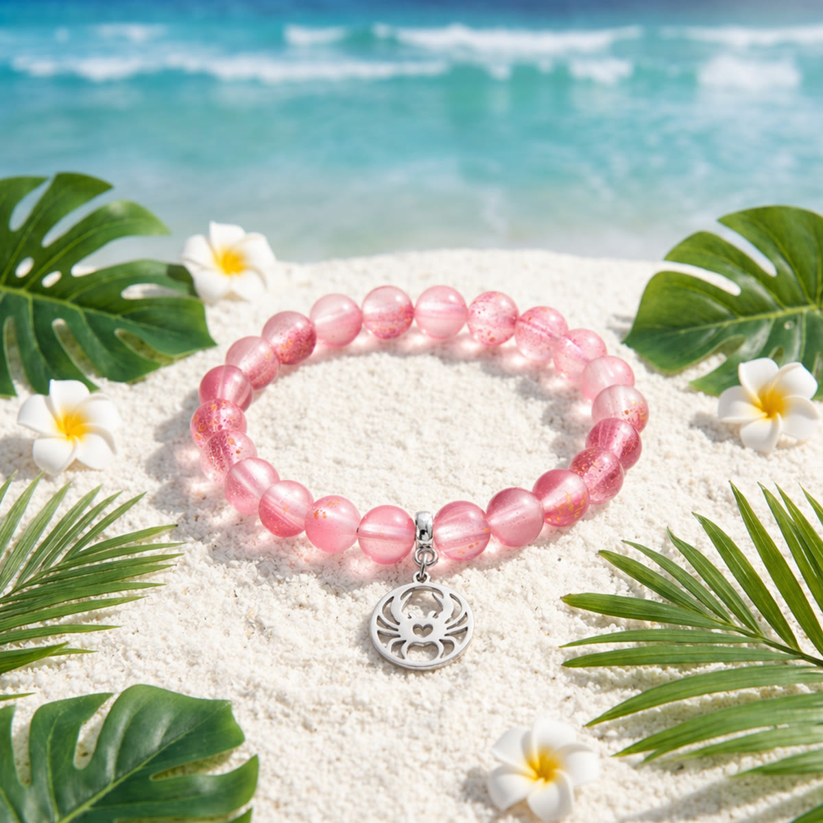 Crab Ocean Protector Reborn Bracelet – Recycled 8mm Frosted Gold-Speckled Glass Beads - Red - Approx. 6.93"/17.6cm - image 12