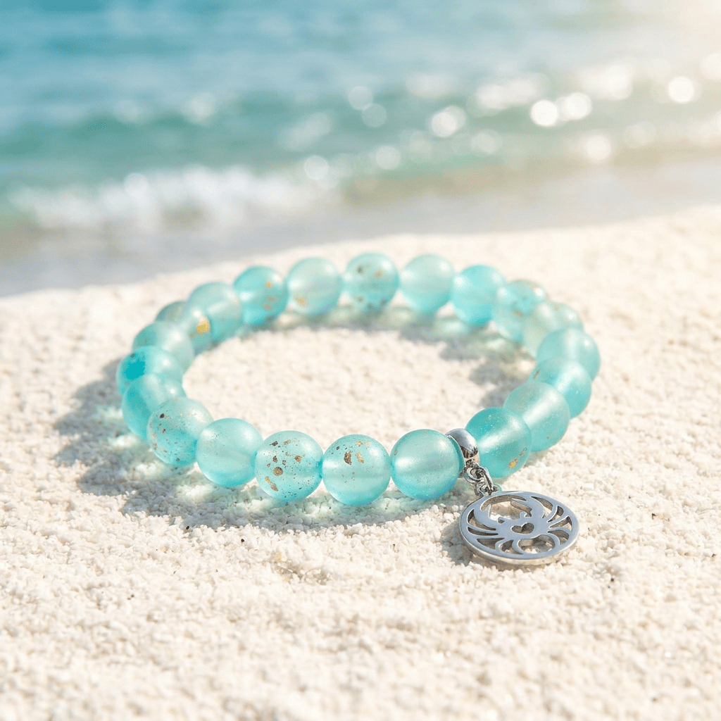Crab Ocean Protector Reborn Bracelet – Recycled 8mm Frosted Gold-Speckled Glass Beads - image 5