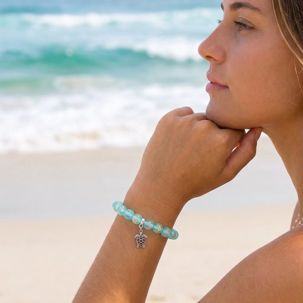 Supporting Ocean Cleanup Turtle Haven Reborn Bracelet – Recycled 8mm Frosted Gold-Speckled Glass Beads - image 1