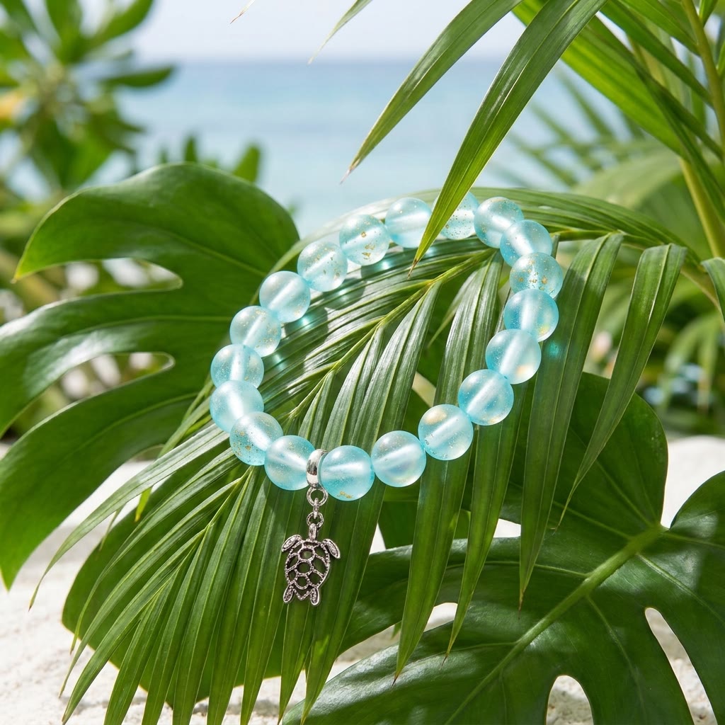 Supporting Ocean Cleanup Turtle Haven Reborn Bracelet – Recycled 8mm Frosted Gold-Speckled Glass Beads - image 5