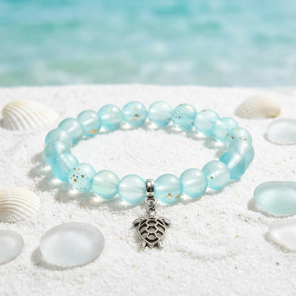 Supporting Ocean Cleanup Turtle Haven Reborn Bracelet – Recycled 8mm Frosted Gold-Speckled Glass Beads - image 6
