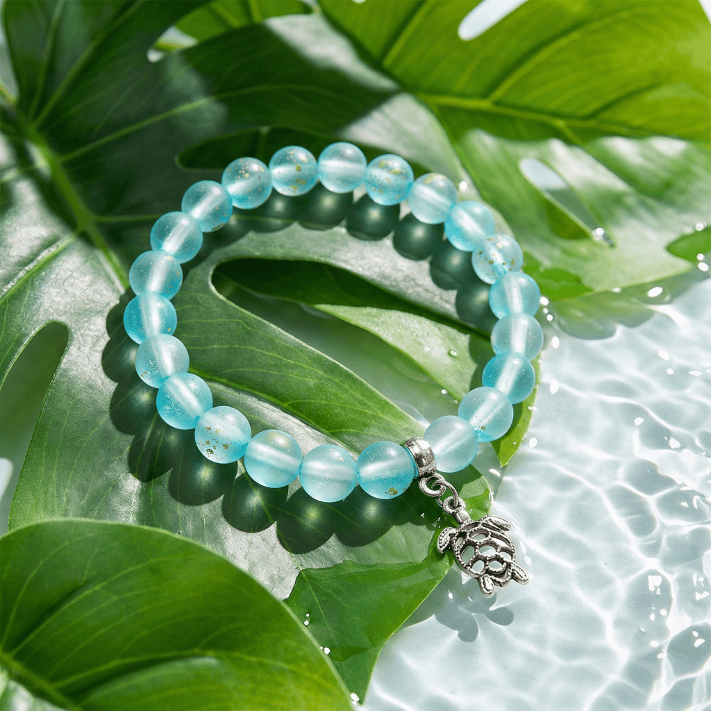 Supporting Ocean Cleanup Turtle Haven Reborn Bracelet – Recycled 8mm Frosted Gold-Speckled Glass Beads - Blue - Approx. 6.93"/17.6cm - image 2