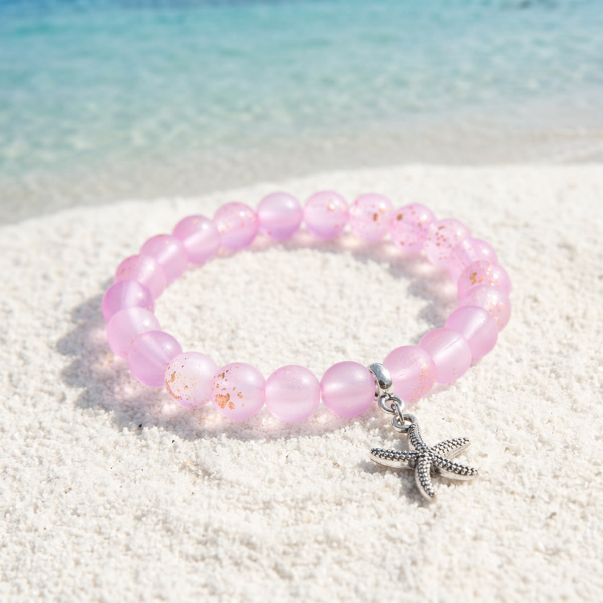 Protect Marine Life Starfish Savior Reborn Bracelet – Recycled 8mm Frosted Gold-Speckled Glass Beads - Light Purple - Approx. 6.93"/17.6cm - image 14