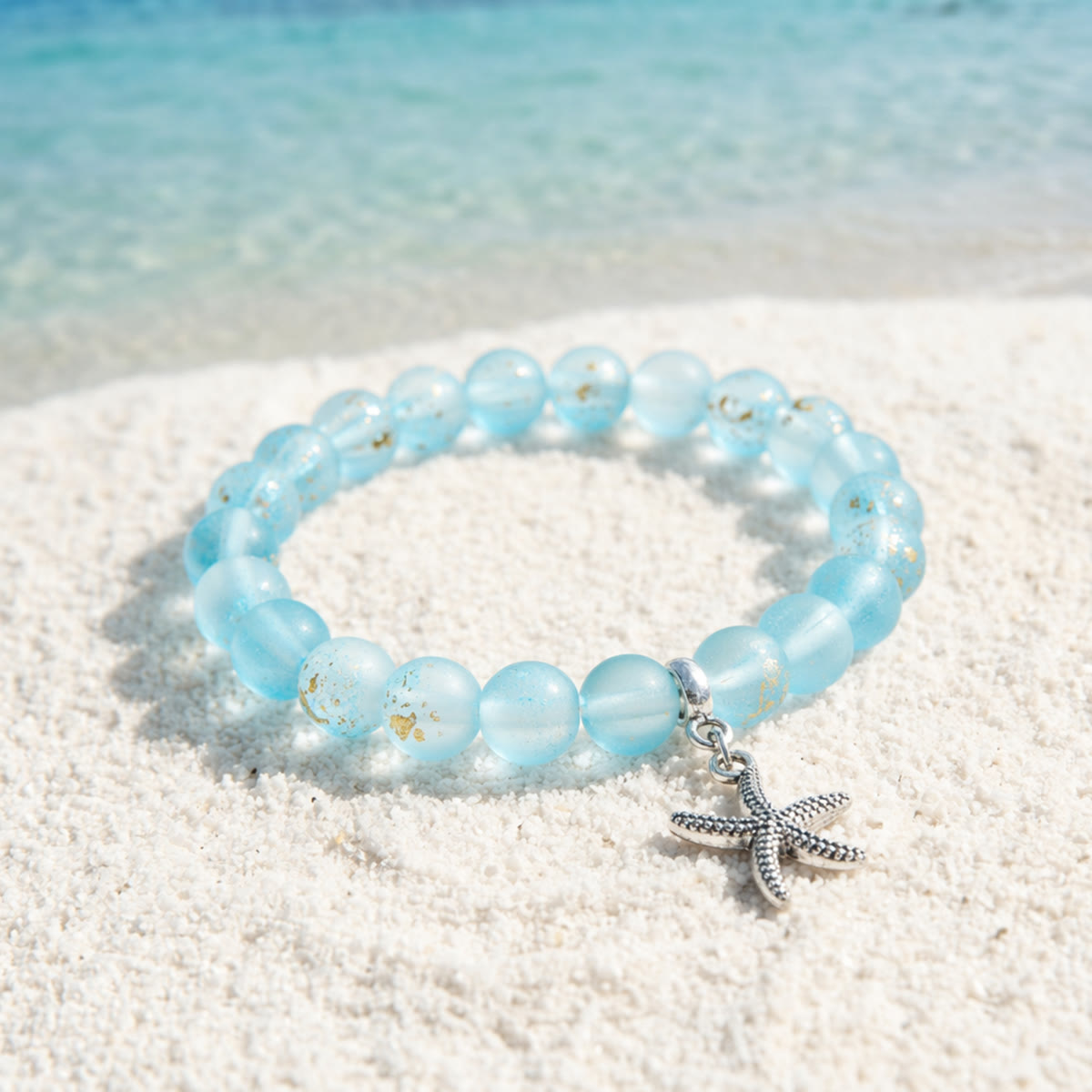 Protect Marine Life Starfish Savior Reborn Bracelet – Recycled 8mm Frosted Gold-Speckled Glass Beads - Blue - Approx. 6.93"/17.6cm - image 8