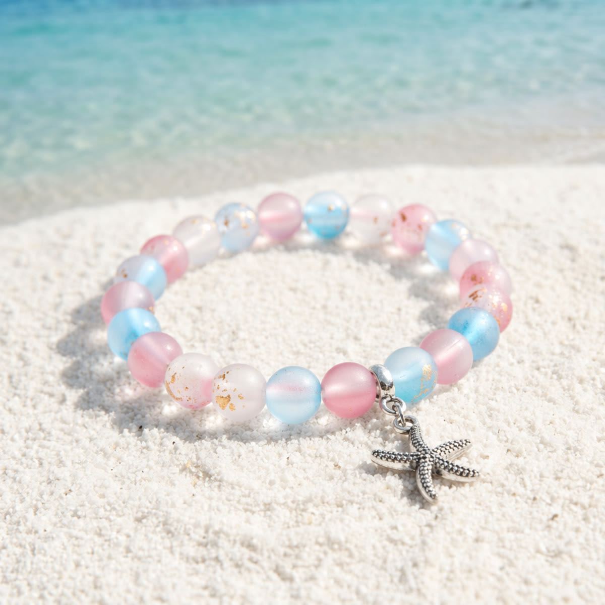 Protect Marine Life Starfish Savior Reborn Bracelet – Recycled 8mm Frosted Gold-Speckled Glass Beads - Red Blue - Approx. 6.93"/17.6cm - image 12
