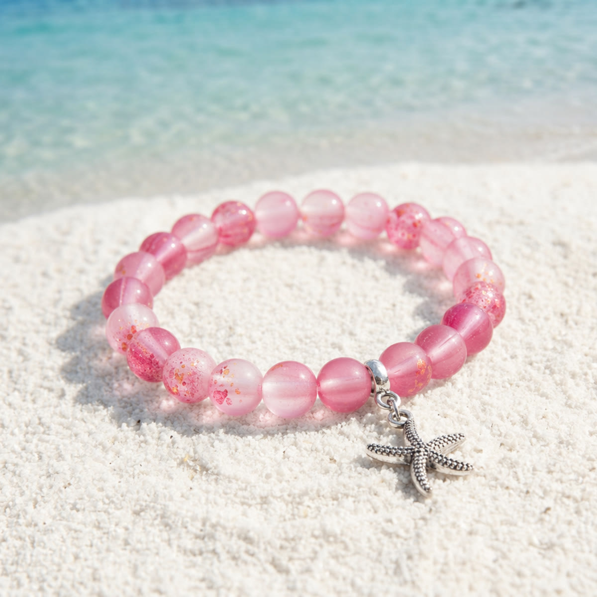 Protect Marine Life Starfish Savior Reborn Bracelet – Recycled 8mm Frosted Gold-Speckled Glass Beads - Red - Approx. 6.93"/17.6cm - image 2