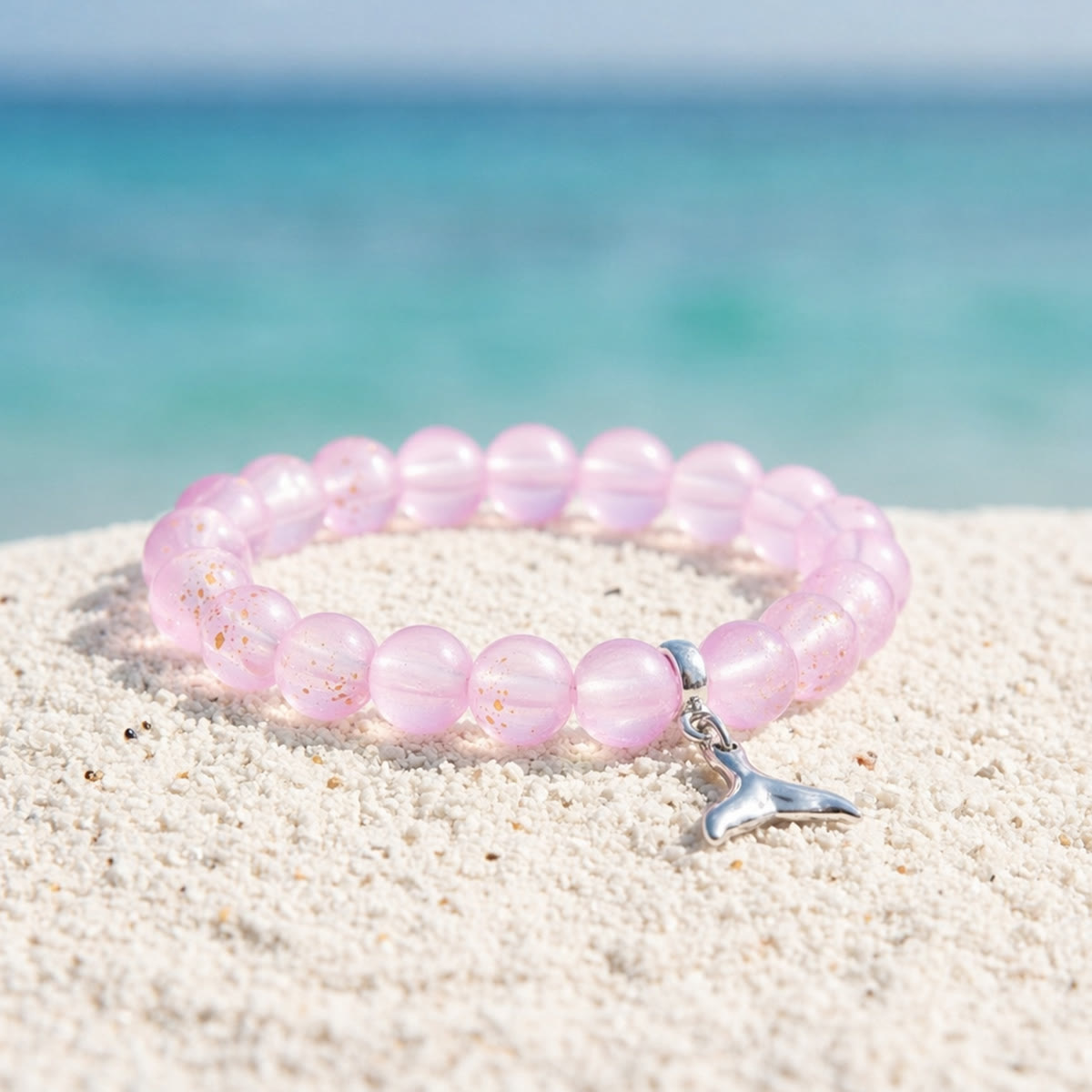 Supporting Ocean Cleanup Whale Tail Rescue Bracelet – Recycled 8mm Frosted Gold-Speckled Glass Beads - Light Purple - Approx. 6.93"/17.6cm - image 14