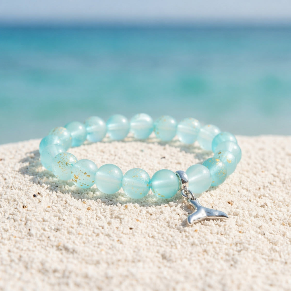 Supporting Ocean Cleanup Whale Tail Rescue Bracelet – Recycled 8mm Frosted Gold-Speckled Glass Beads - Blue - Approx. 6.93"/17.6cm - image 10