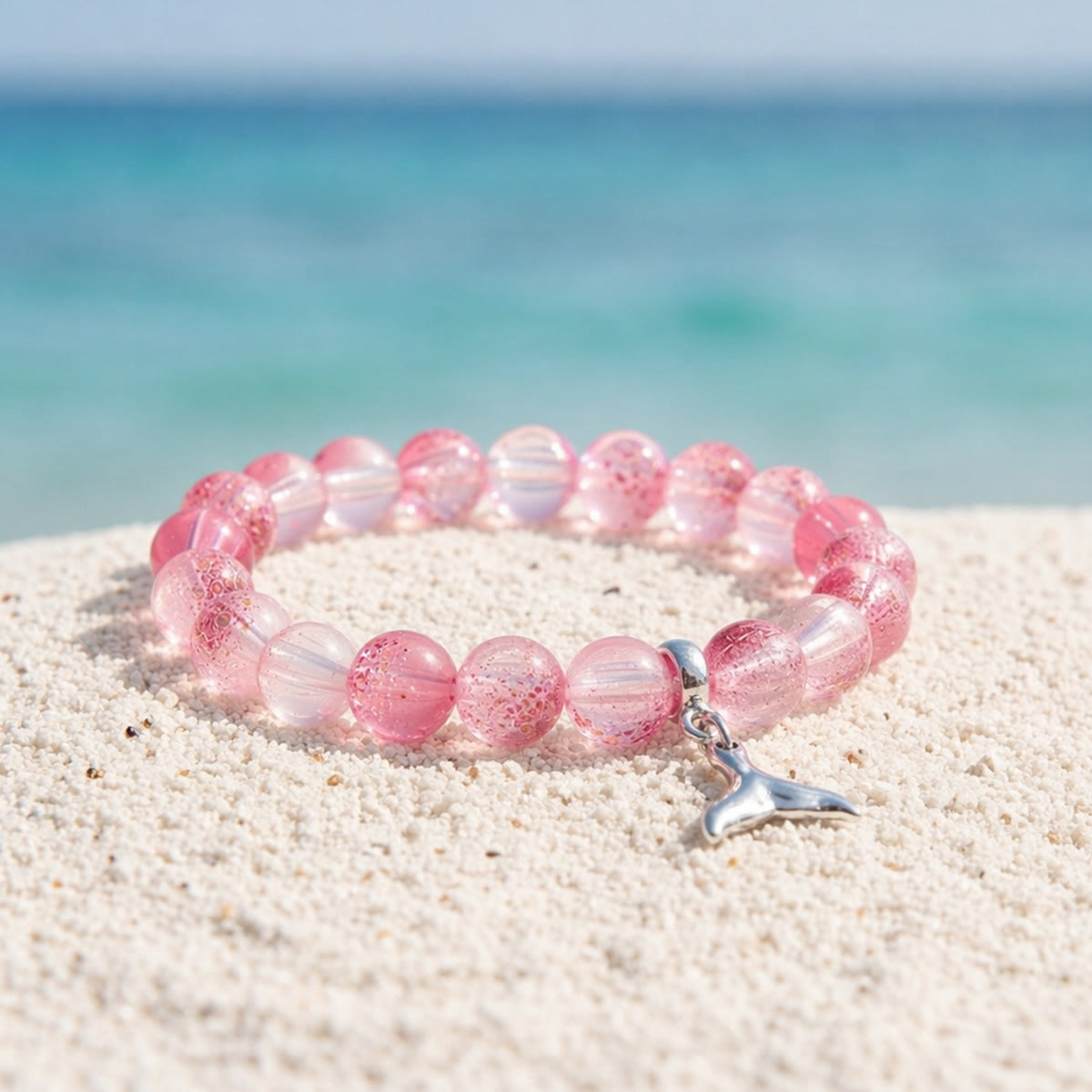 Supporting Ocean Cleanup Whale Tail Rescue Bracelet – Recycled 8mm Frosted Gold-Speckled Glass Beads - Red - Approx. 6.93"/17.6cm - image 8