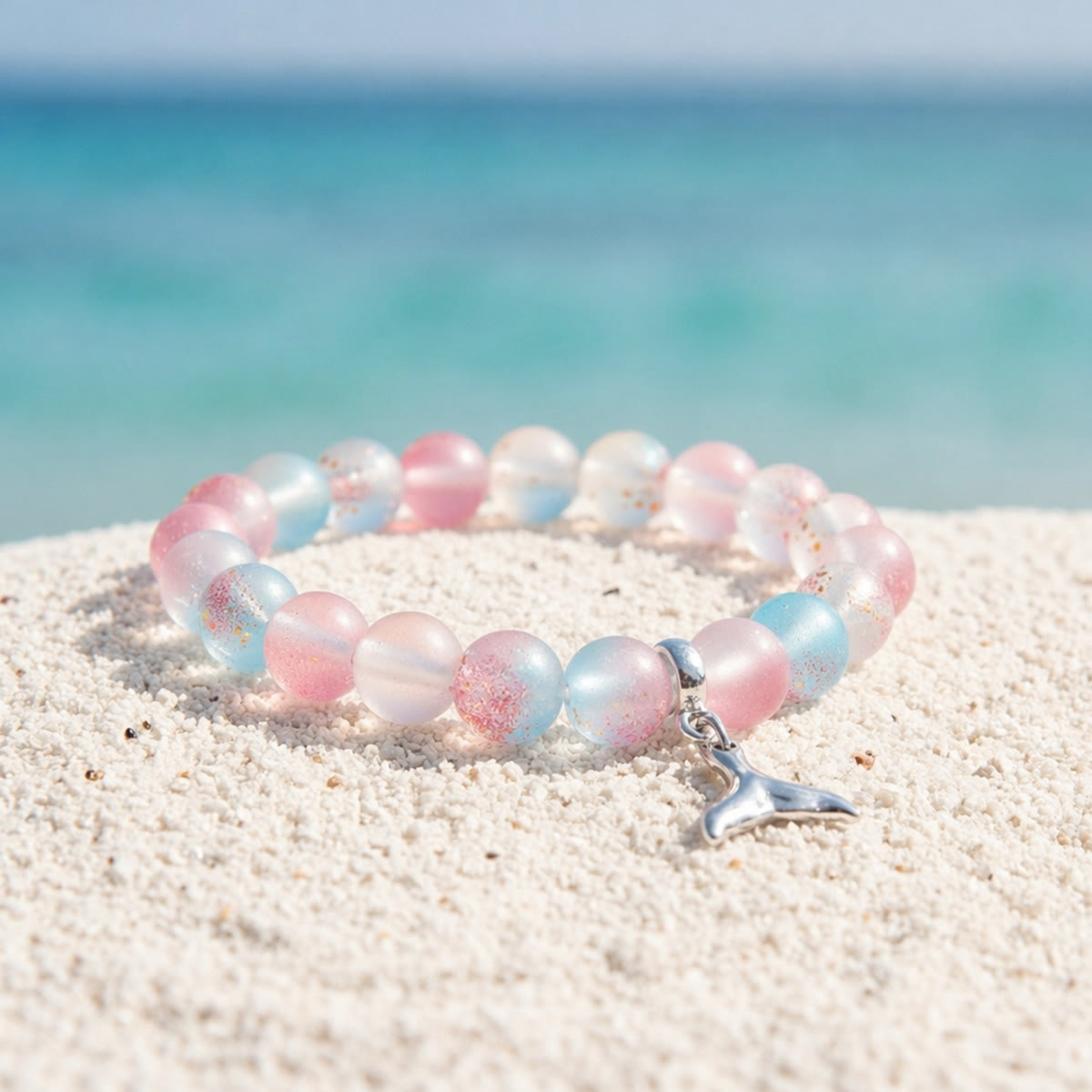Supporting Ocean Cleanup Whale Tail Rescue Bracelet – Recycled 8mm Frosted Gold-Speckled Glass Beads - Red Blue - Approx. 6.93"/17.6cm - image 12