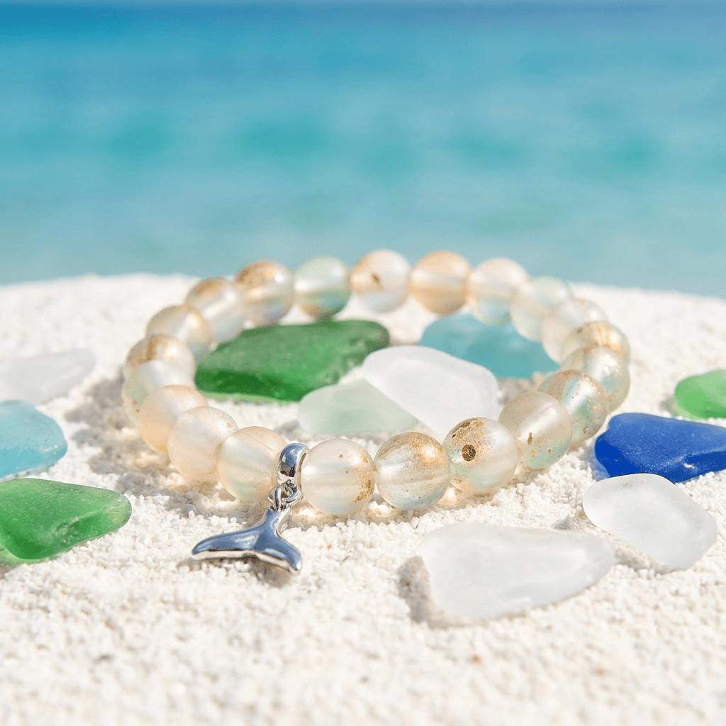 Supporting Ocean Cleanup Whale Tail Rescue Bracelet – Recycled 8mm Frosted Gold-Speckled Glass Beads - image 6